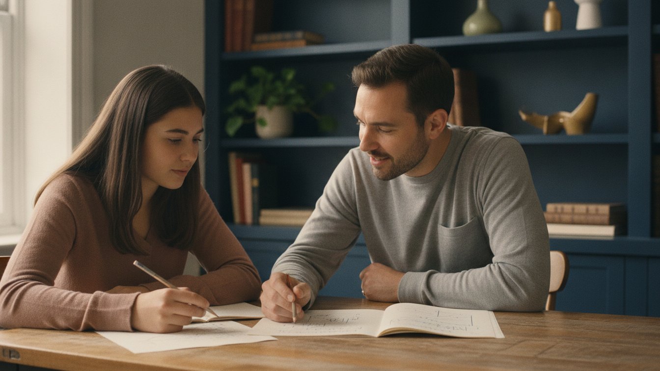 A New York City tutor and student reviewing work together at a home study table in warm afternoon light.