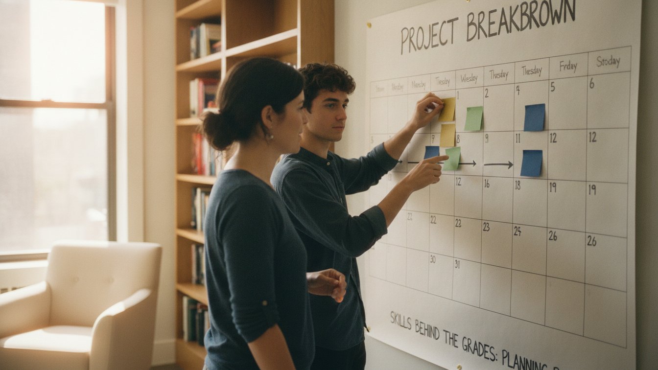 An academic coach and a high-school student breaking a big project into steps on a wall planner.