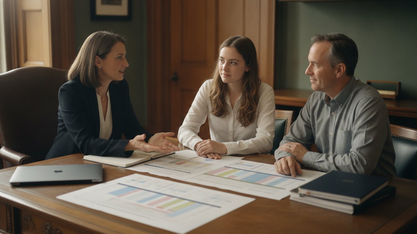 A college admissions consultant reviewing a balanced college list and timeline with a senior and parent.