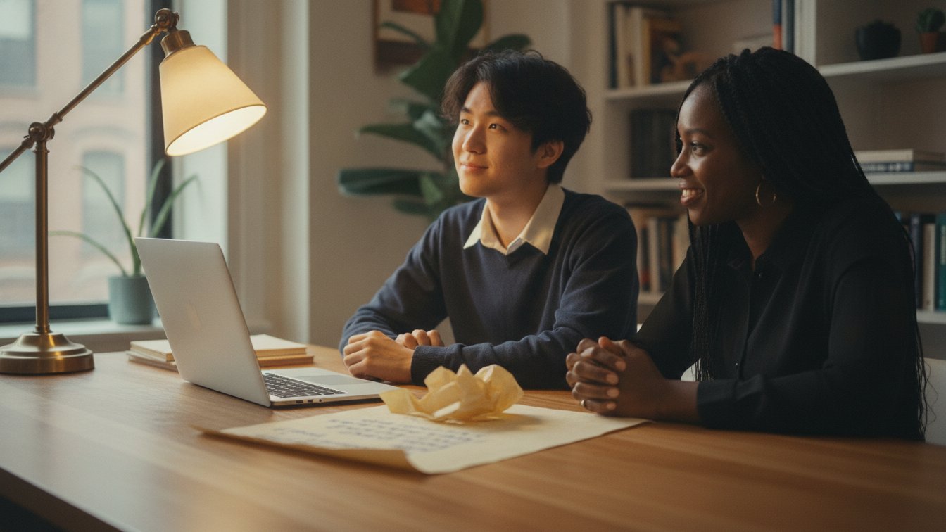 A high-school senior and an essay coach brainstorming a personal statement side by side over a laptop.
