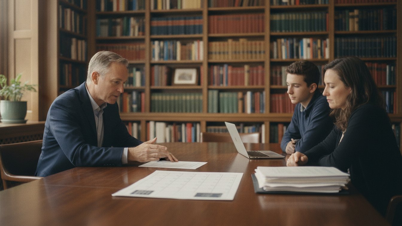 An educational consultant reviewing a college and school-admissions plan with a New York City student and parent.