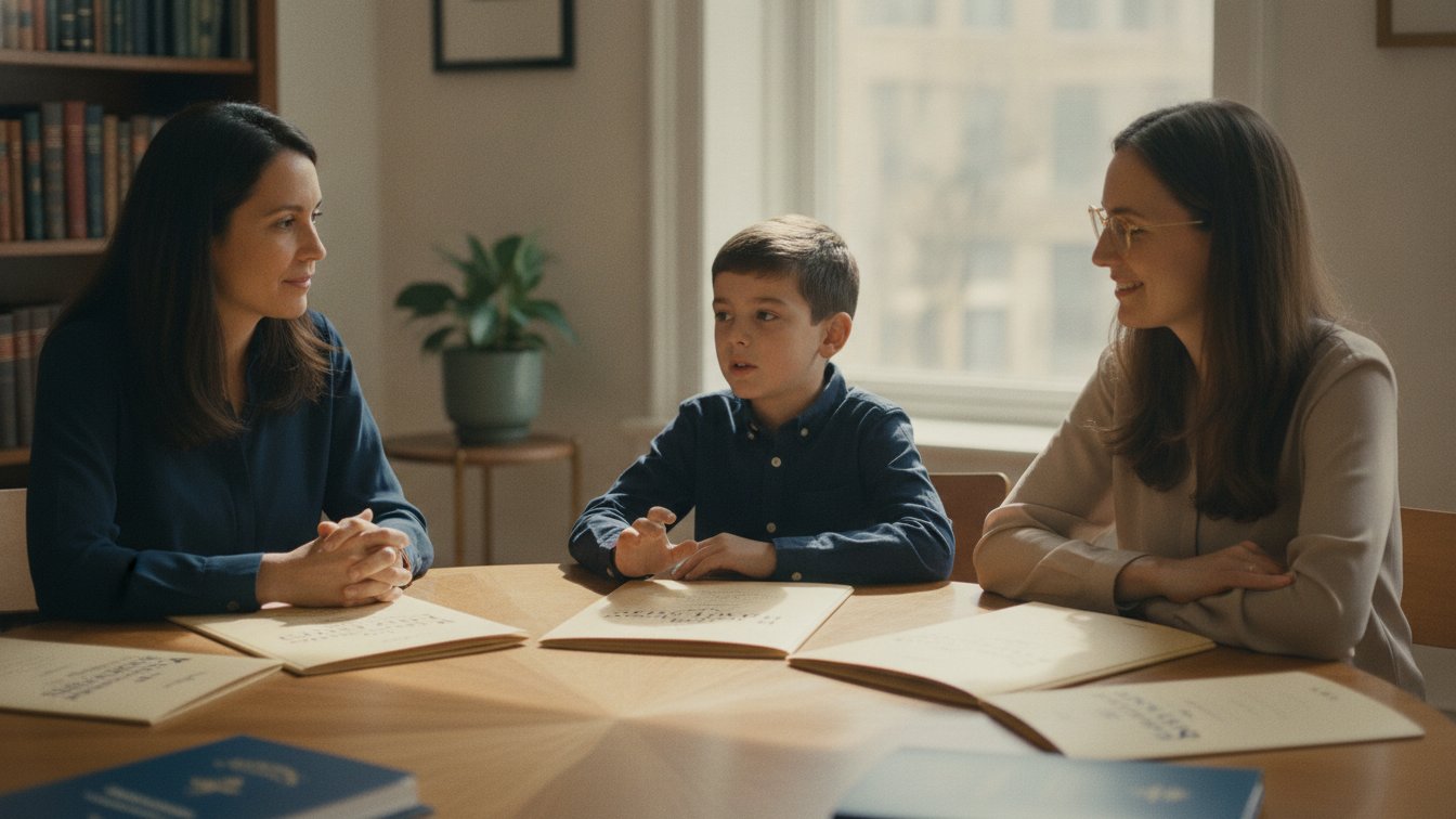 A parent and child reviewing school folders with a private-school admissions consultant.