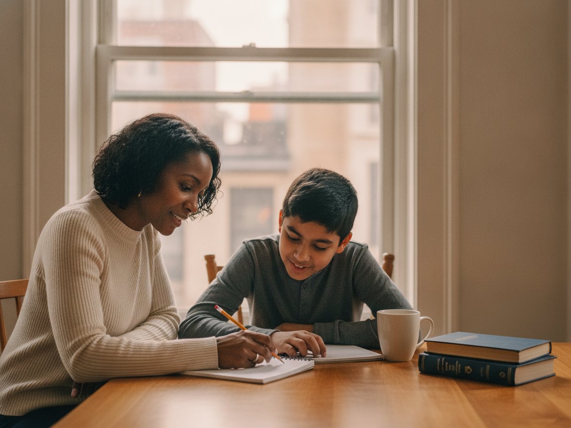 A New York City tutor working one-on-one with a student at a sunlit table.