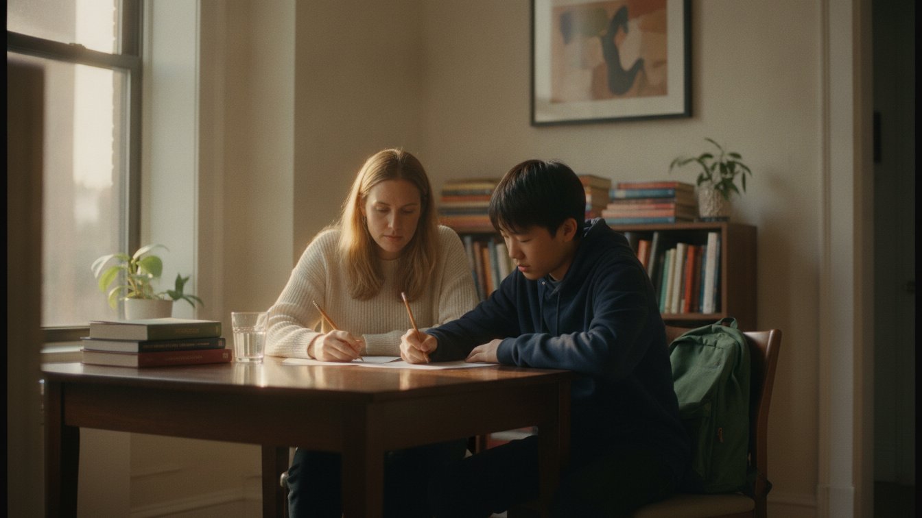 A tutor helping a sixth grader finish homework at a New York City kitchen table in afternoon light.
