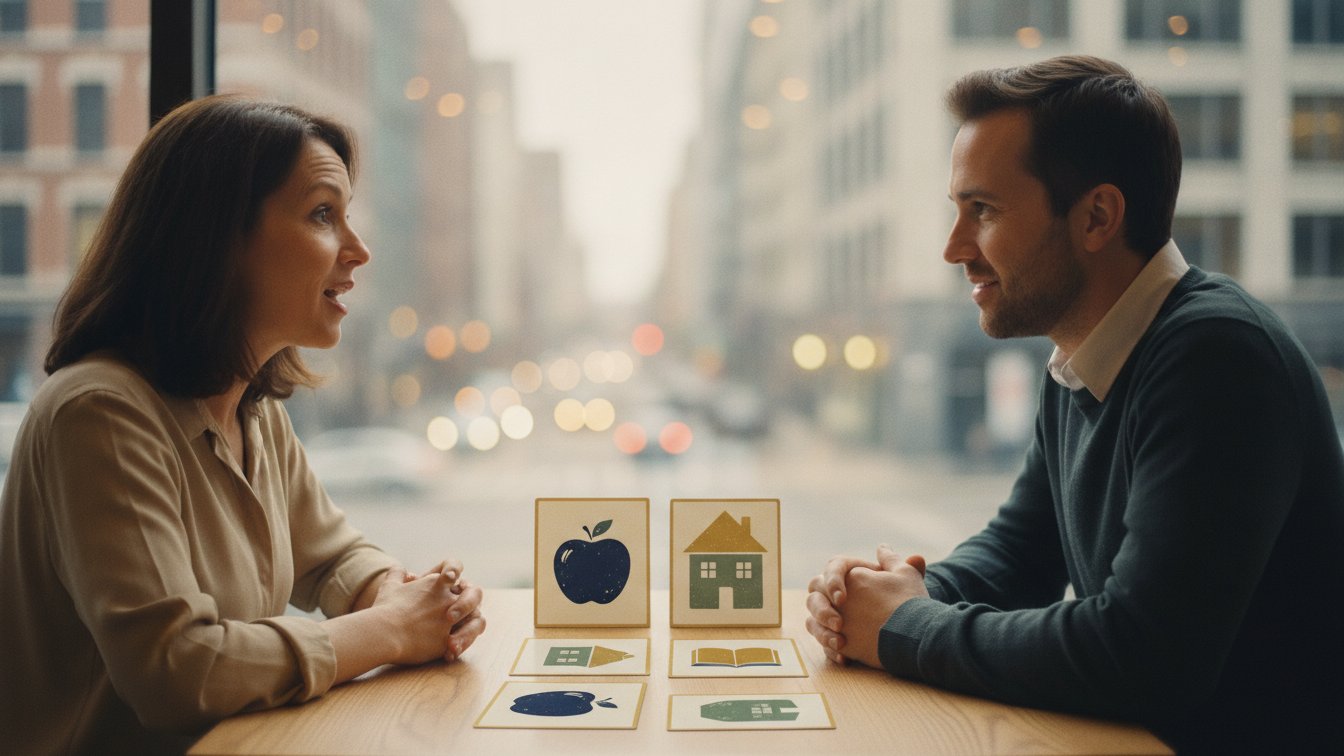 An adult ESL learner and tutor practicing English pronunciation with picture cards at a café table.