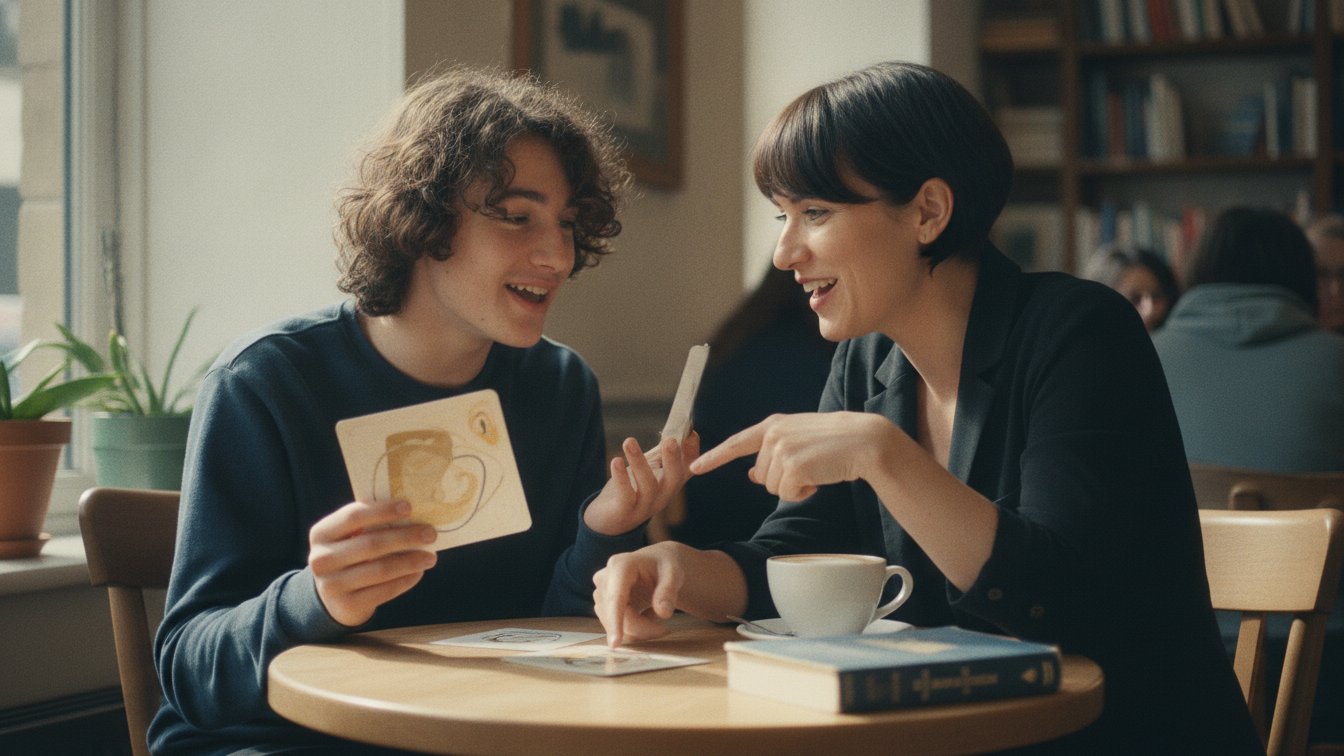 A teenage student and French tutor practicing conversation with cards over a café-au-lait.