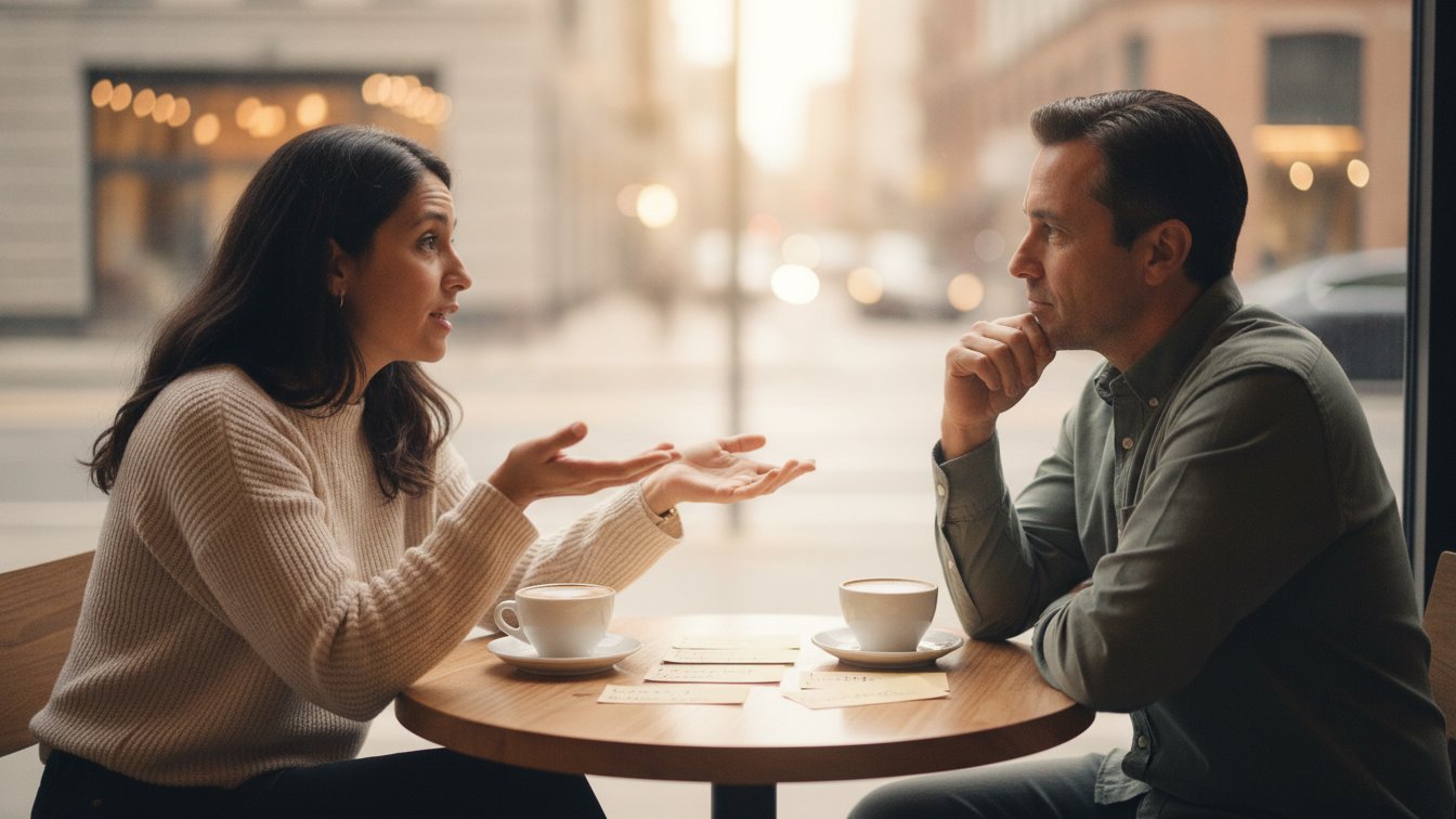 A language tutor and an adult learner practicing conversation with vocabulary cards at a New York City café.