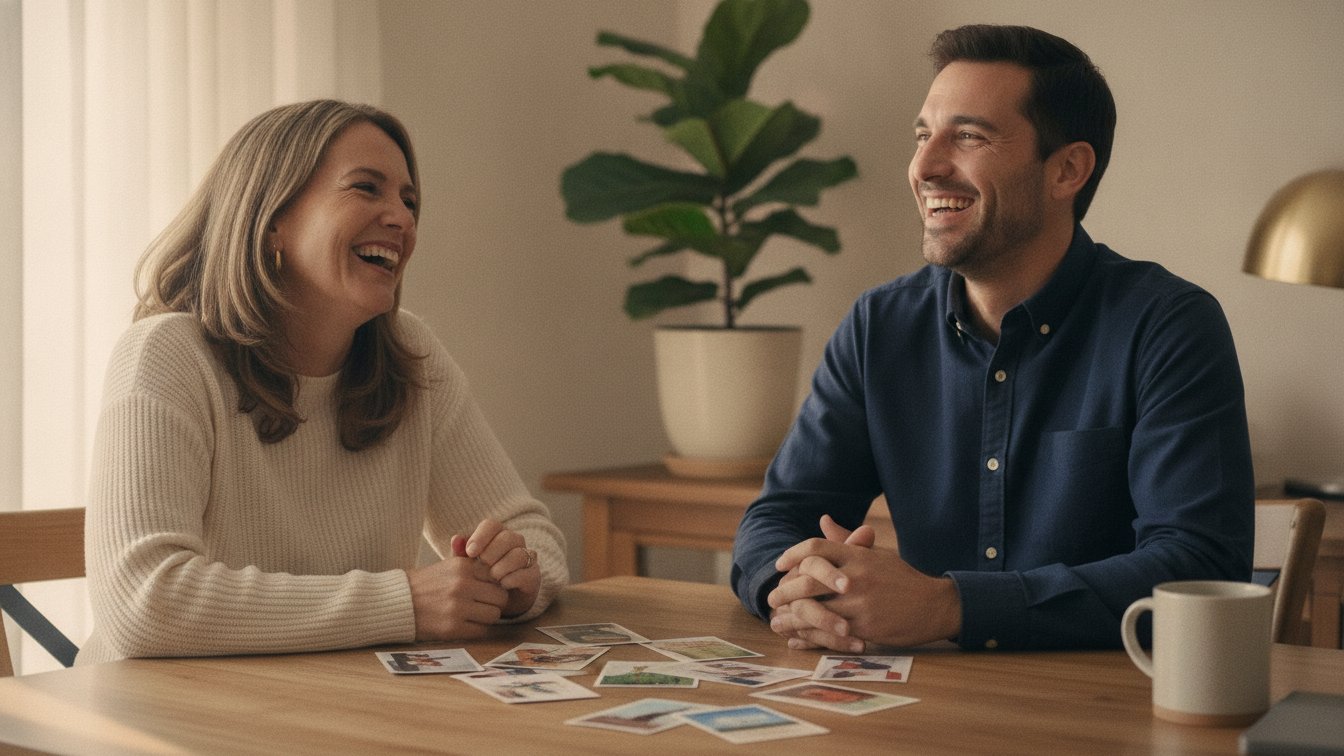 An adult learner and Spanish tutor practicing conversation with picture prompts at a home table.