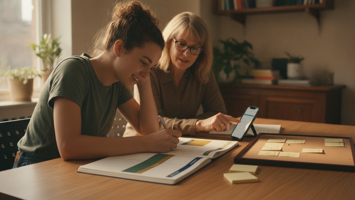 A teenager and coach setting up a color-coded planning system with a planner and sticky notes.