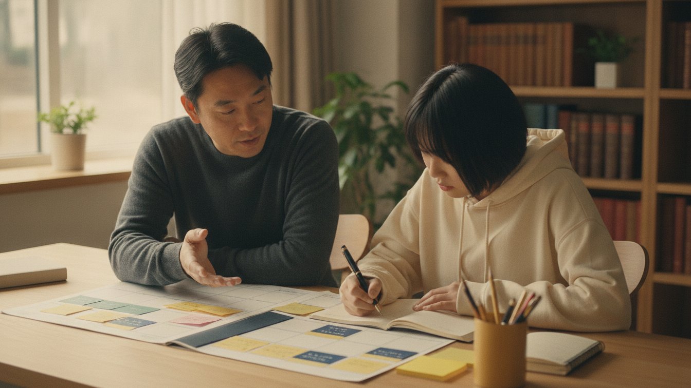 A study-skills coach and a teenage student organizing a color-coded weekly planner together.