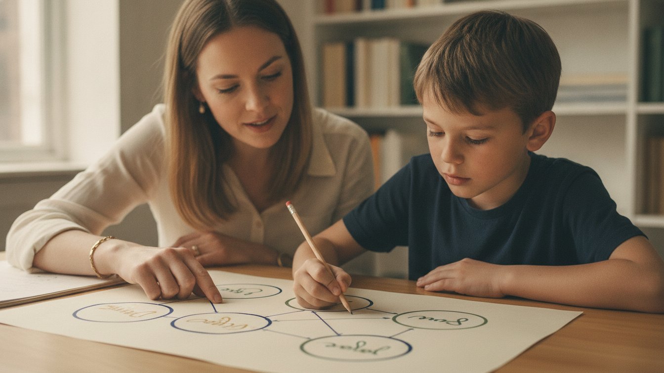 A tutor and upper-elementary student mapping a story's meaning on a graphic organizer.