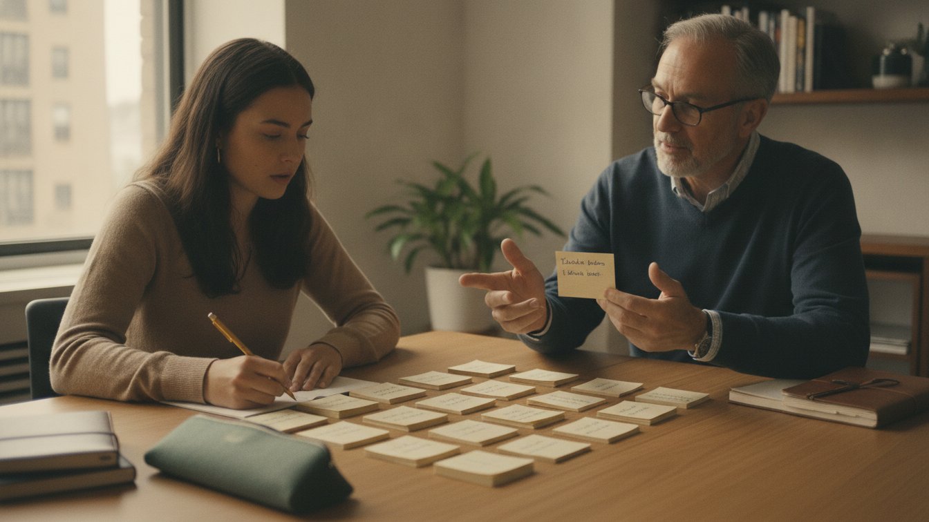 A student making active-recall flashcards with a coach for spaced-out review.