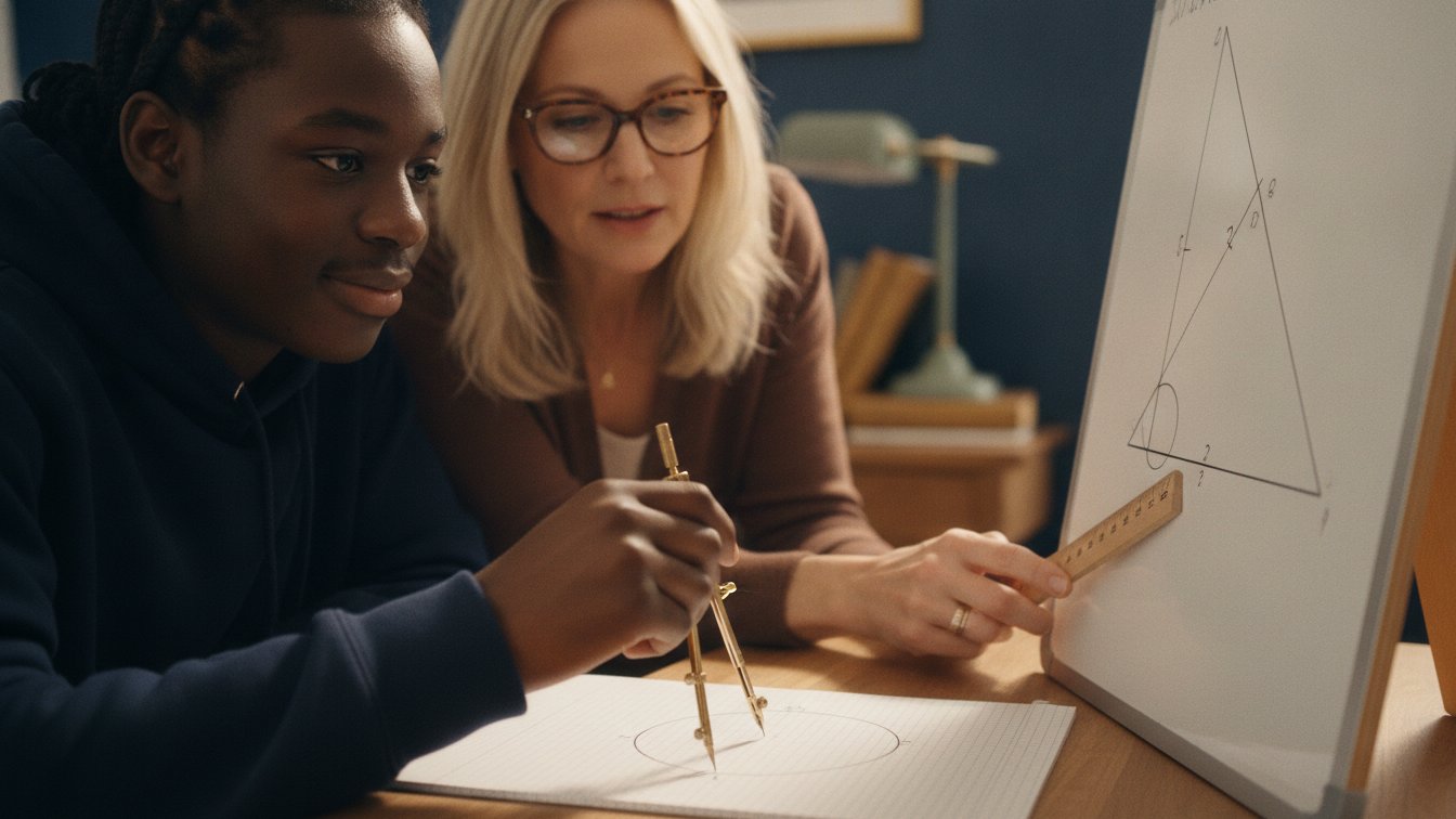 A math tutor and high-school student working a clean geometry figure with a compass at a whiteboard.