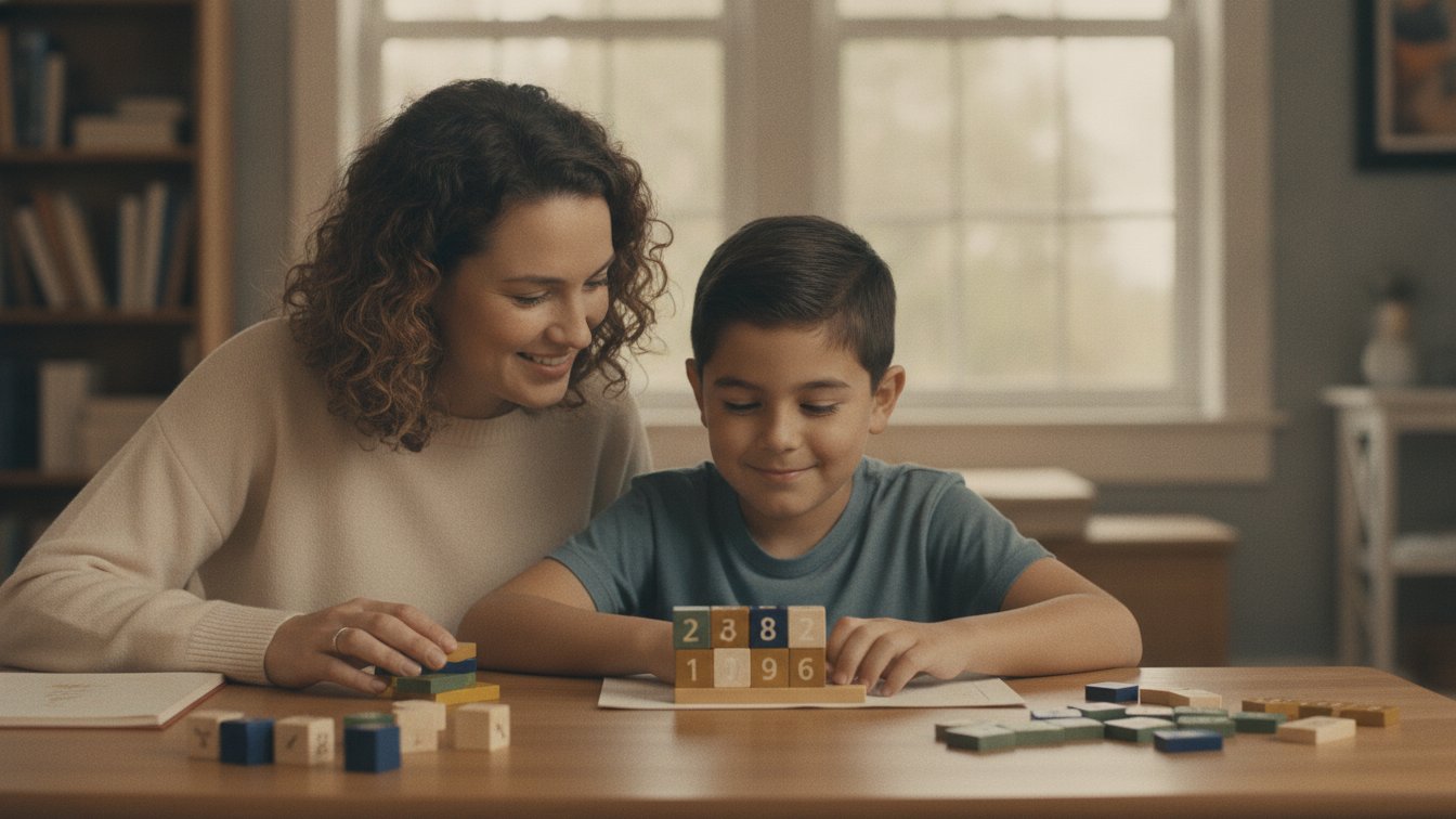 A patient tutor helping a proud second grader with colorful math manipulatives at a low table.