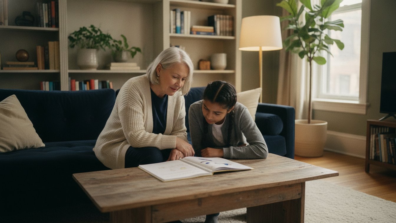 A private tutor working one-on-one with a middle-school student in a New York City brownstone living room.