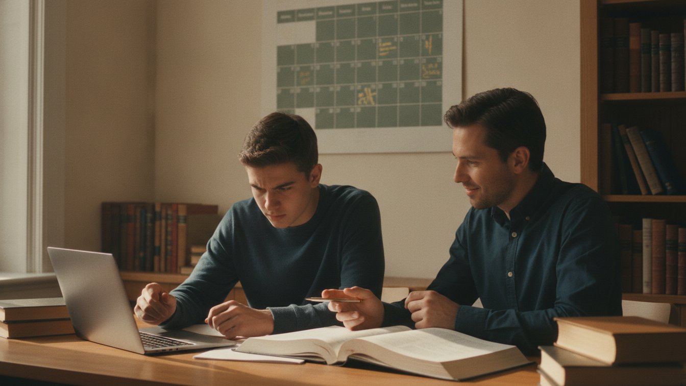 A high-school student and tutor working through a textbook and laptop at a home desk.