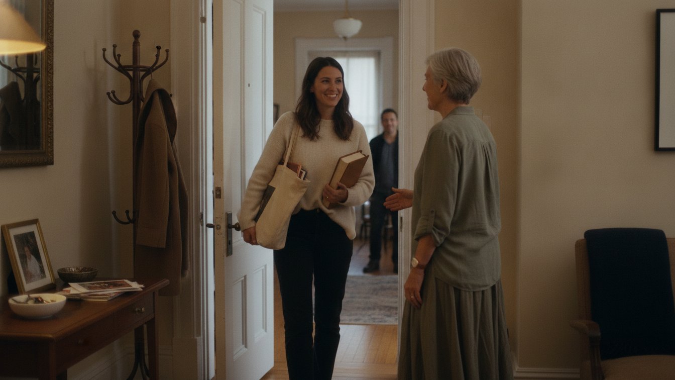 A tutor arriving at a New York City apartment with a tote of materials for an in-home session.