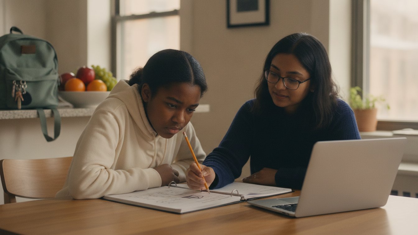 A seventh grader and tutor working through an assignment with a binder and laptop at a dining table.