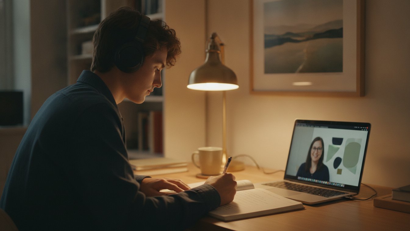 A high-school student in headphones on a live online tutoring session at a tidy desk.