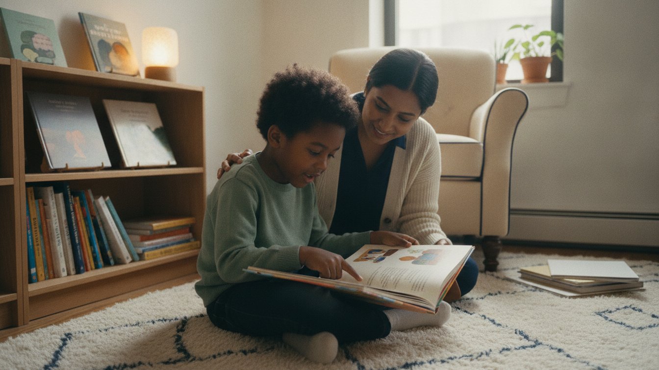 A young child reading aloud from a picture book as a reading tutor follows along encouragingly.