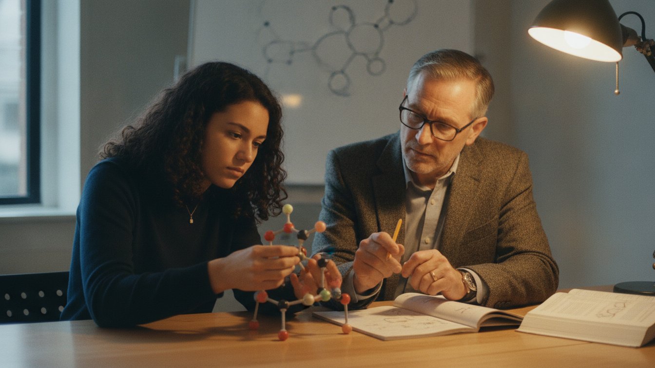 A high-school student and tutor examining a molecular model kit beside an open lab notebook.