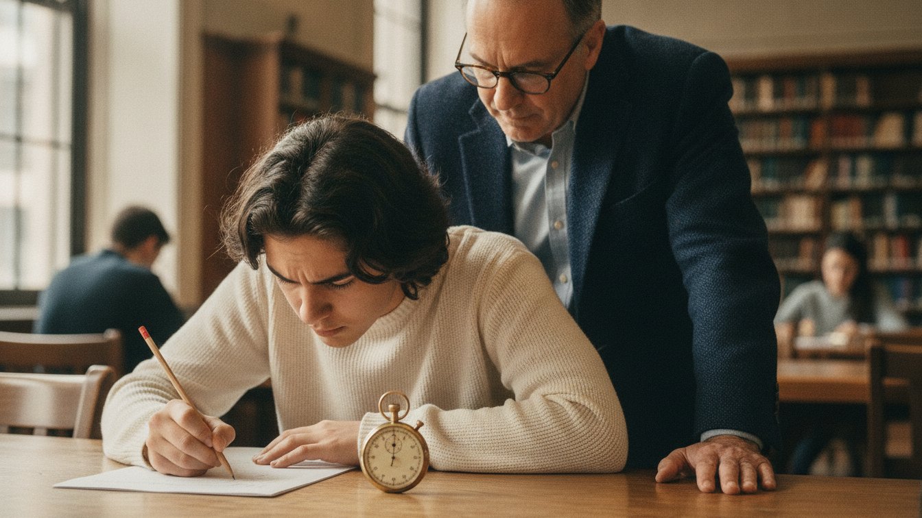 A student taking a timed ACT practice section with a stopwatch while a tutor checks pacing.