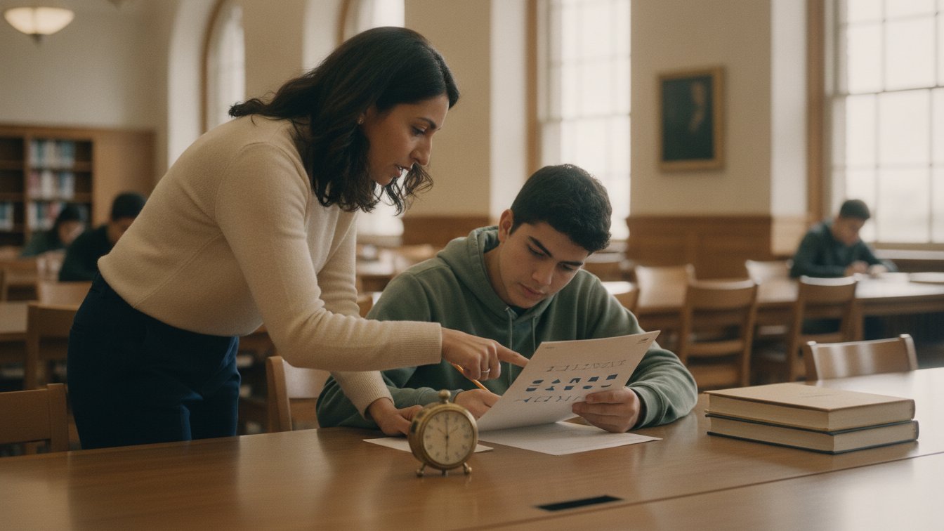 A test-prep tutor and a high-school student working through a timed practice booklet in a library.