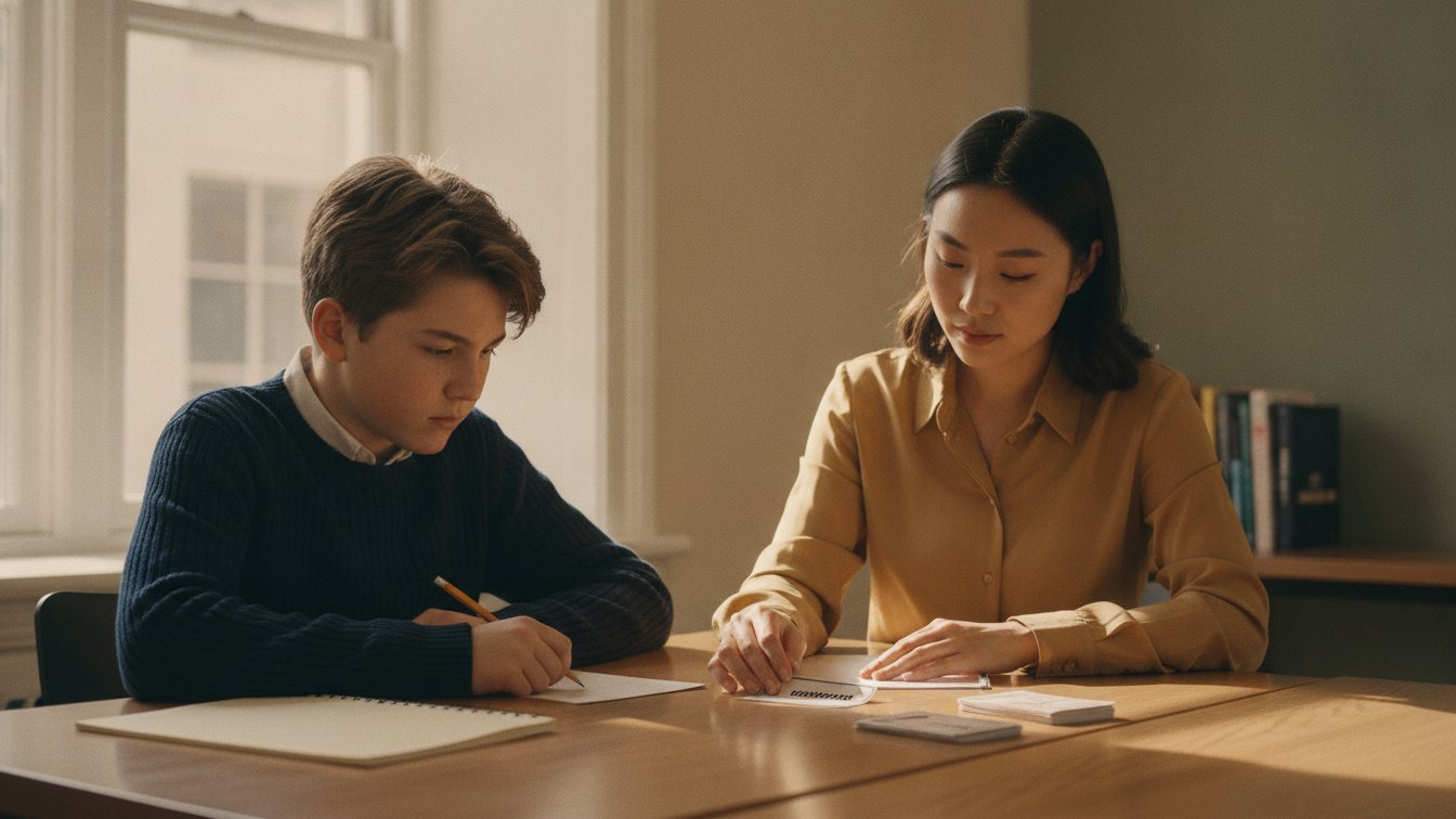 A tutor laying out vocabulary cards with a fifth grader preparing for the ISEE independent-school exam.