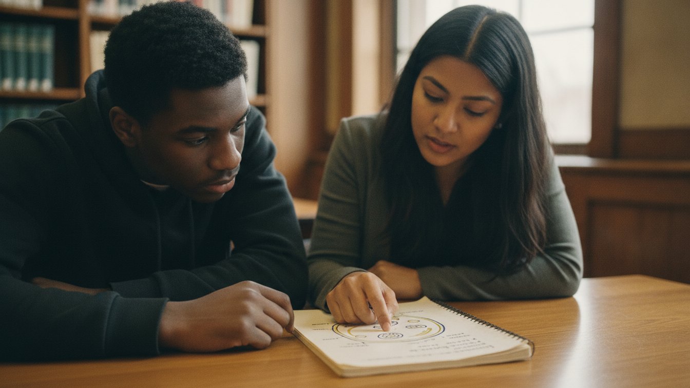 A New York high-schooler and tutor reviewing a past Regents exam booklet and a labeled diagram.