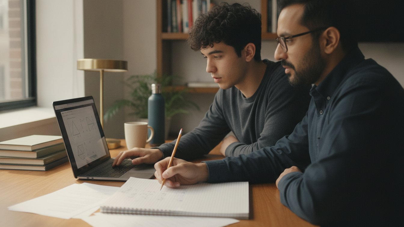 A junior working the digital SAT on a laptop with scratch paper while a tutor points to the screen.