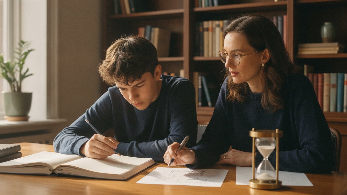 An eighth grader and specialist tutor working a tough SHSAT problem with a timer nearby.