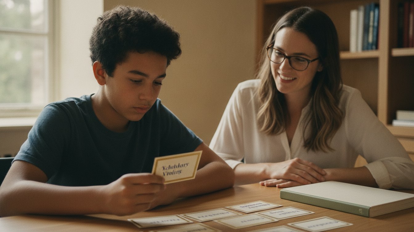 A middle-school student and tutor working verbal-reasoning practice with index cards for the SSAT.