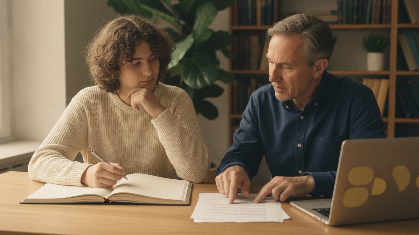A teenager revising a marked-up essay draft with a writing tutor at a desk.
